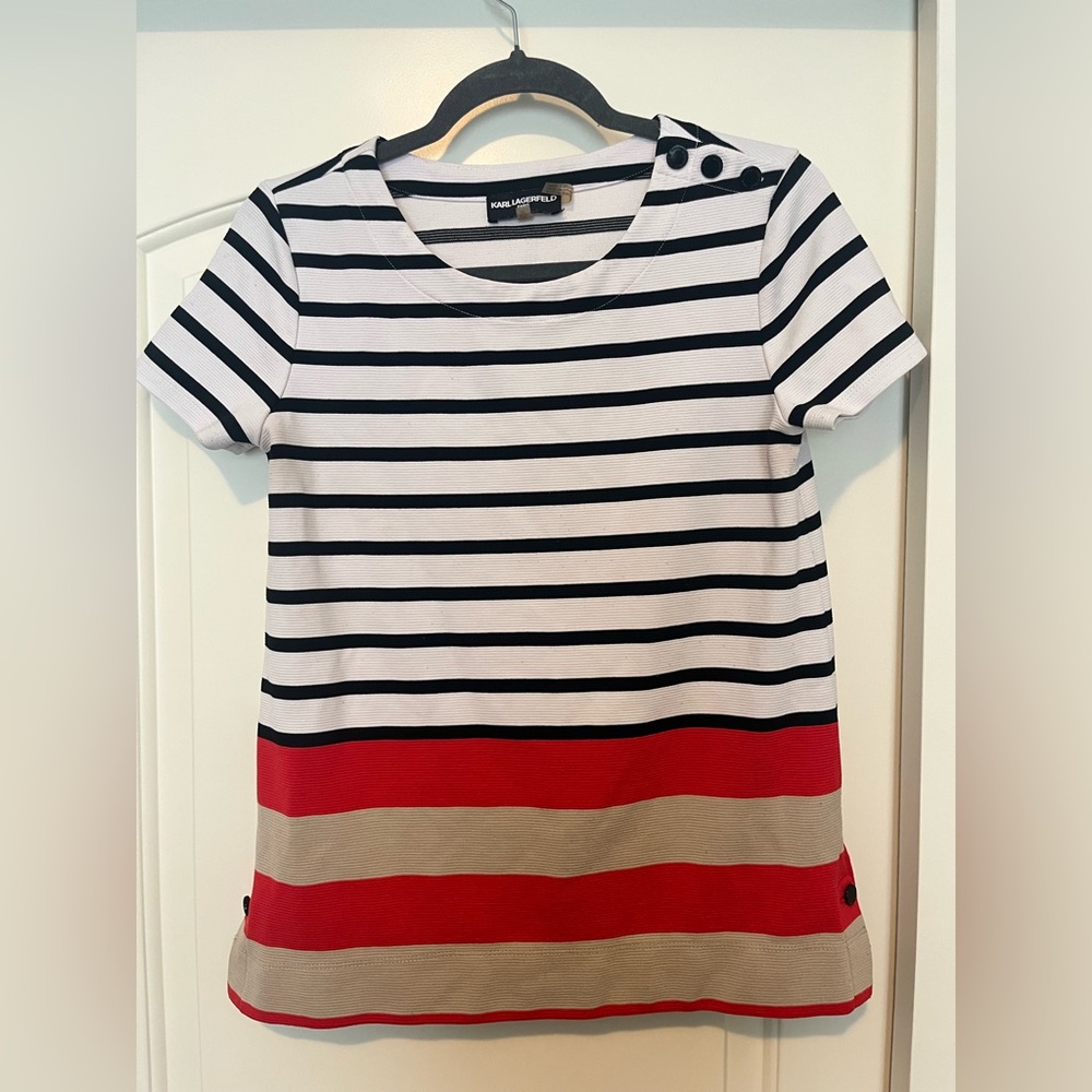 Karl Lagerfeld Paris Striped Short Sleeve Button Knit Women's Top Extra Small